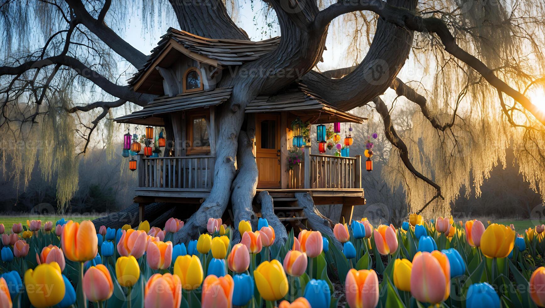 Charming Treehouse in Tulip Field Under Willow Tree at Sunrise photo