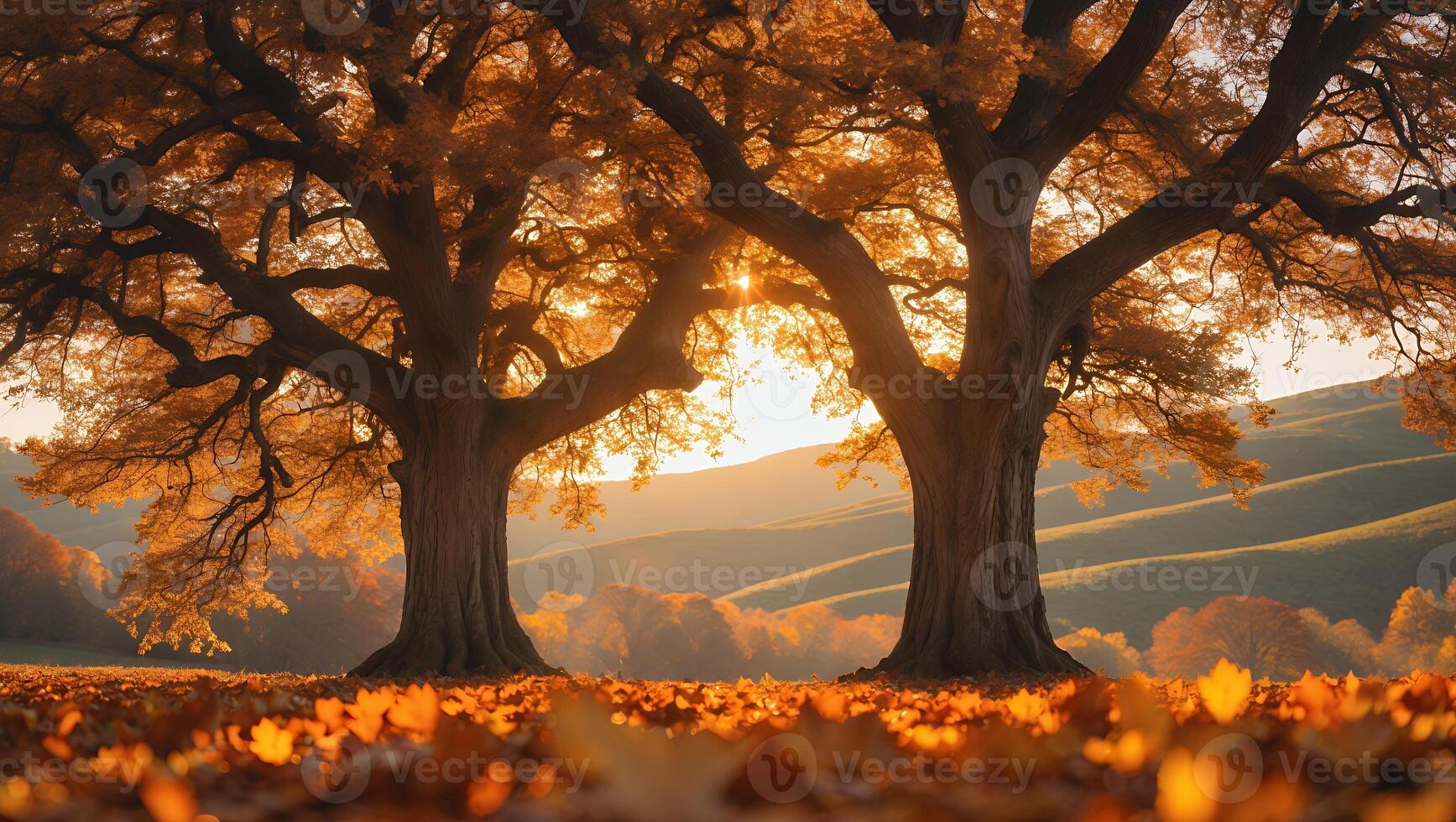 Two Old Trees Standing in Autumnal Landscape at Sunset with Leaves photo