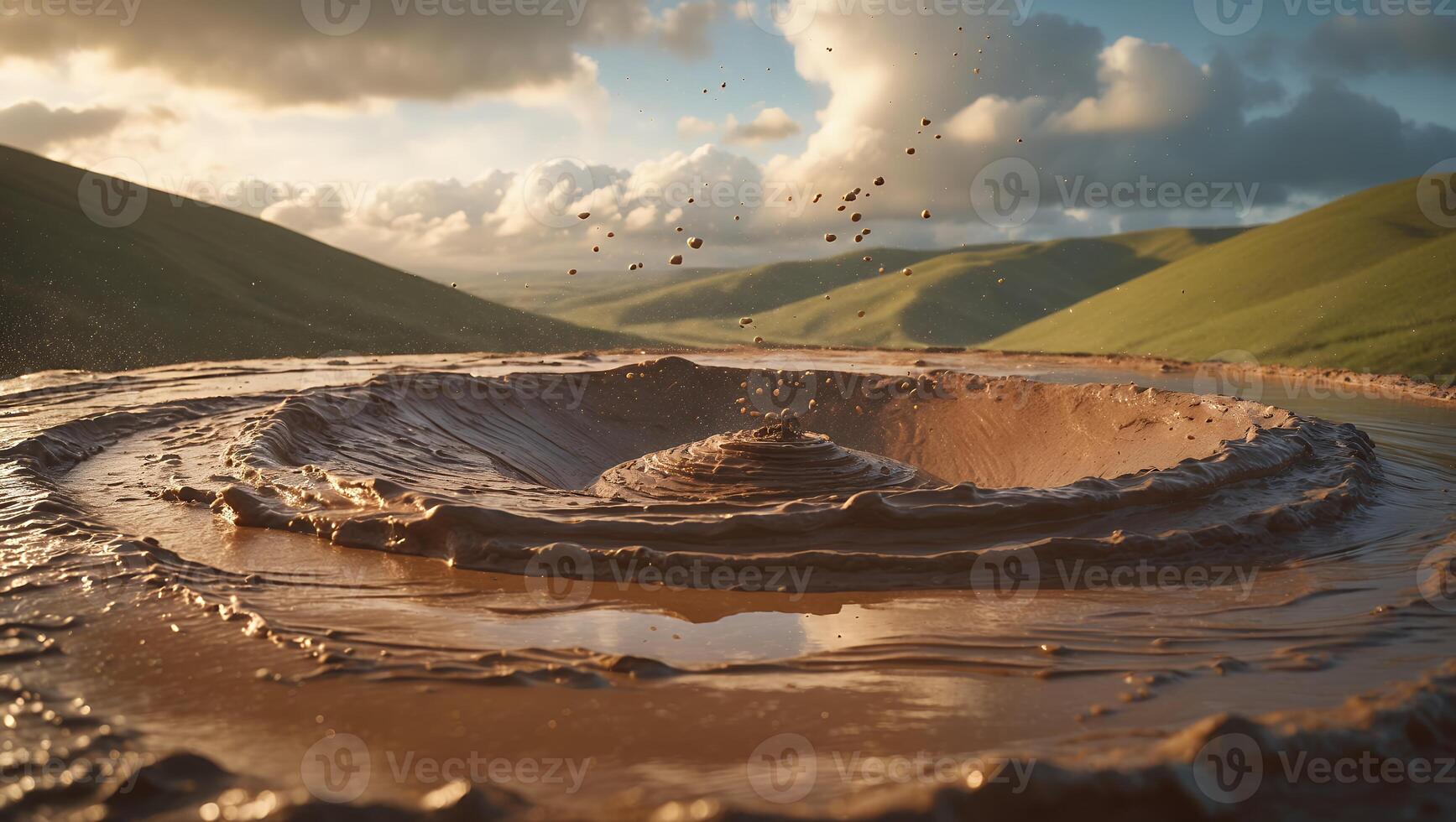 Mud Volcano Erupting in Grassy Hills Landscape with Cloudy Sky photo