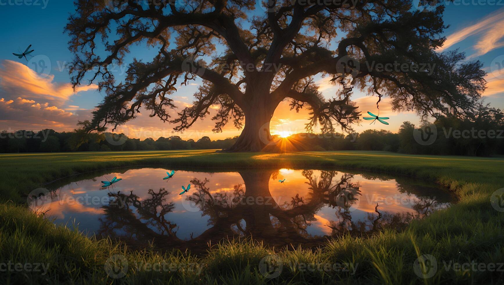 Large Tree Reflection in Pond at Sunset with Dragonflies Flying photo