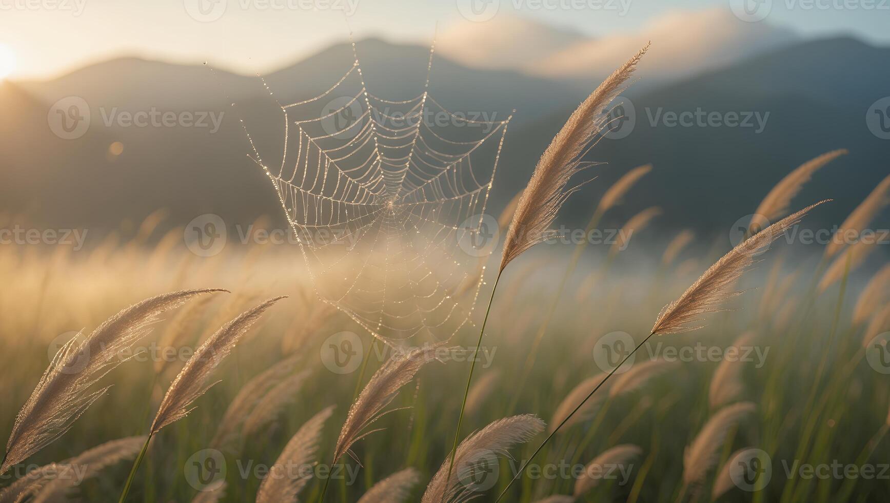 Spiderweb with Dewdrops in Grassy Field at Sunrise, Mountain Backdrop photo