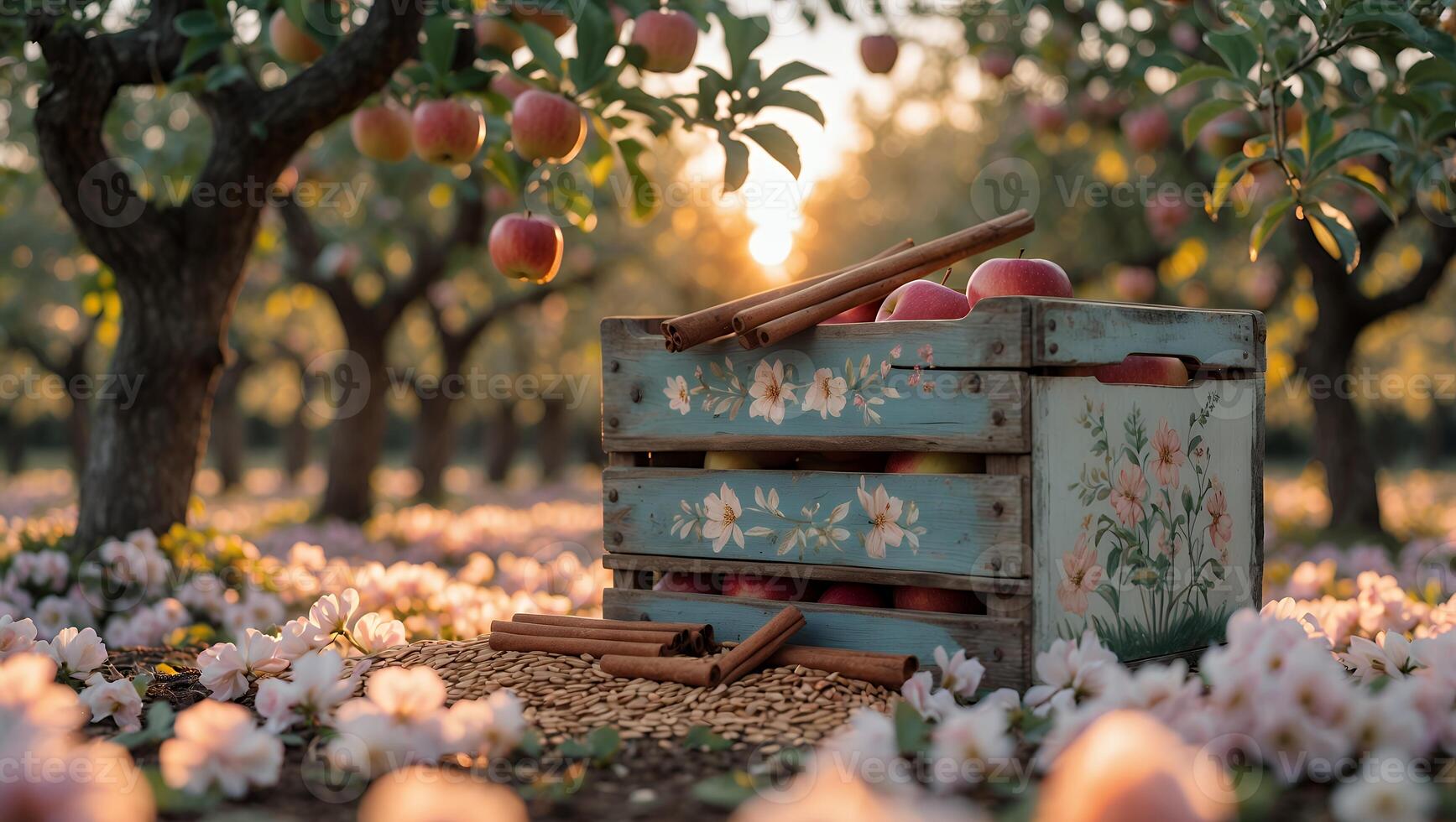 Apples in Rustic Crate with Cinnamon Sticks in Orchard Setting photo