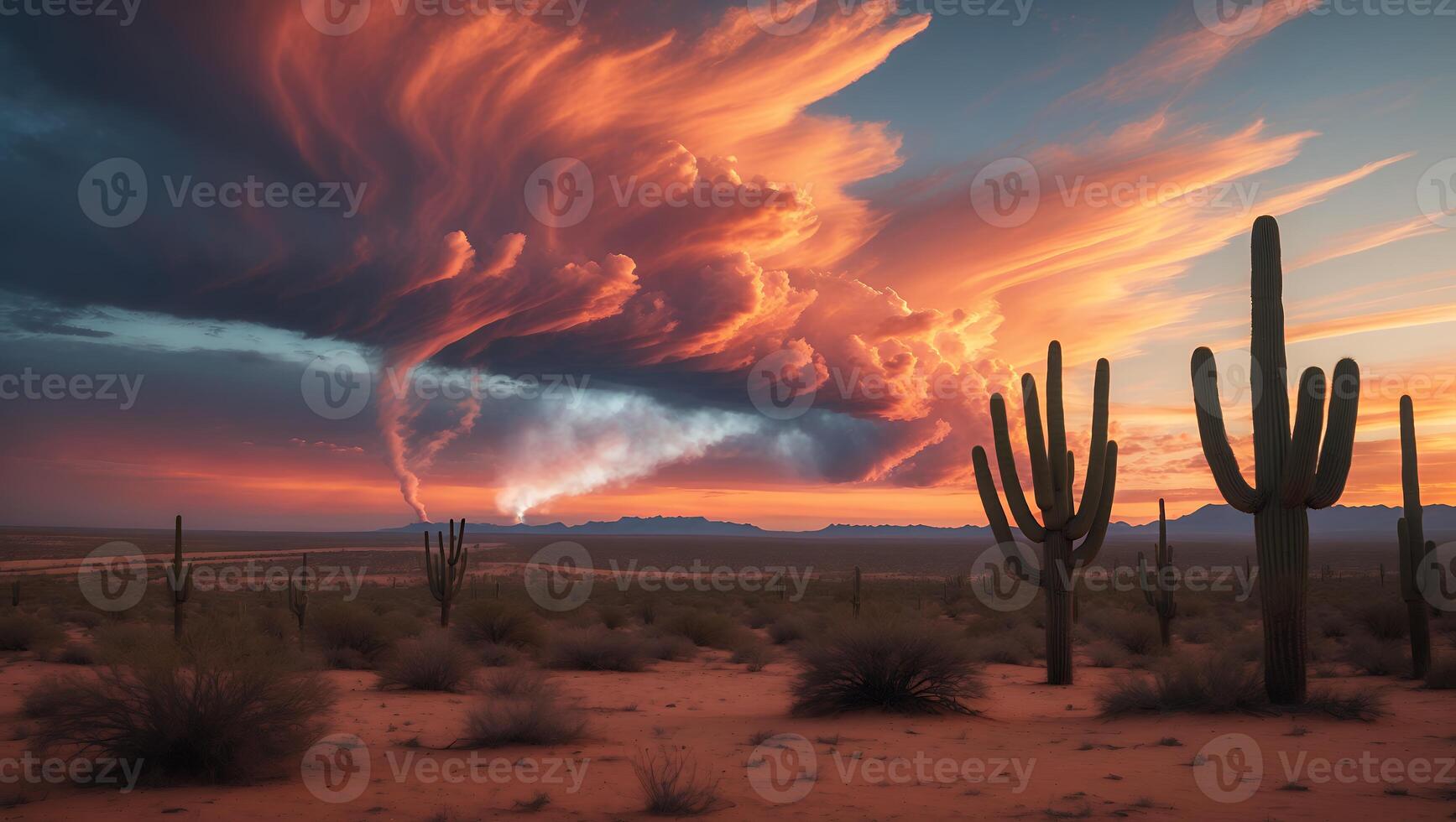 Desert Landscape with Cacti and Dramatic Sunset Clouds Formation photo