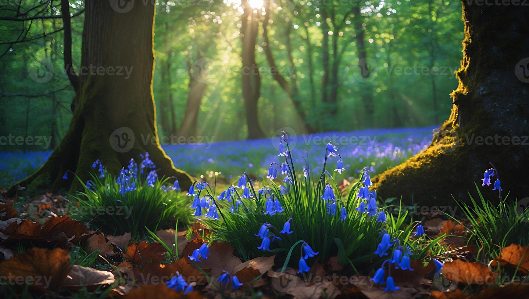 Blooming Bluebell Flowers in a Sunlit Forest Glade During Spring photo