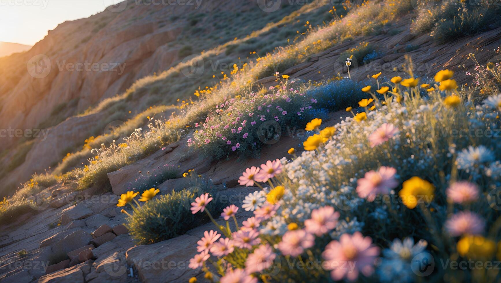 Wildflowers Blooming on Rocky Hillside with Sunlight at Dusk photo