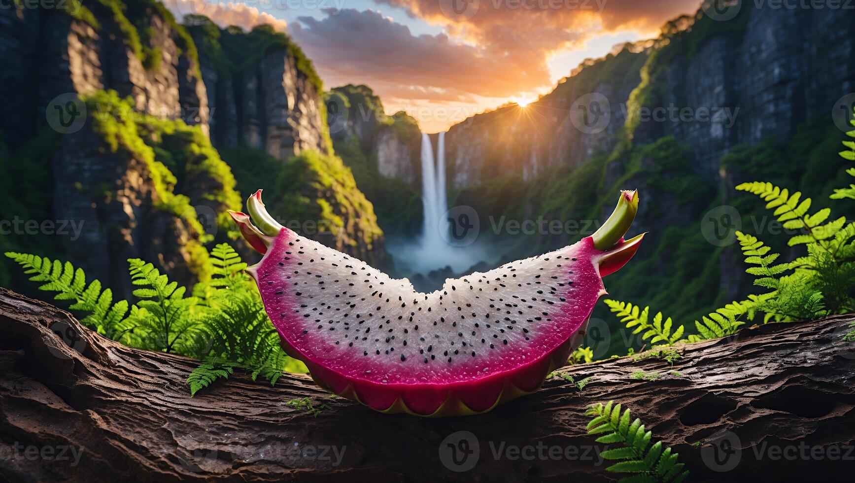 Sliced Dragon Fruit on Log with Waterfall and Ferns Backdrop photo