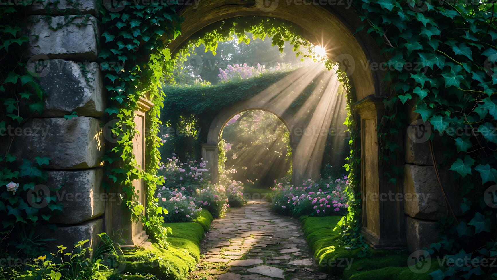 Sunlight Through Stone Archway with Lush Ivy and Garden Path photo