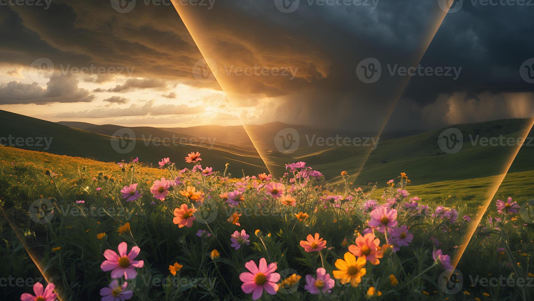 Flower Meadow at Sunset with Approaching Storm and Dramatic Sky photo