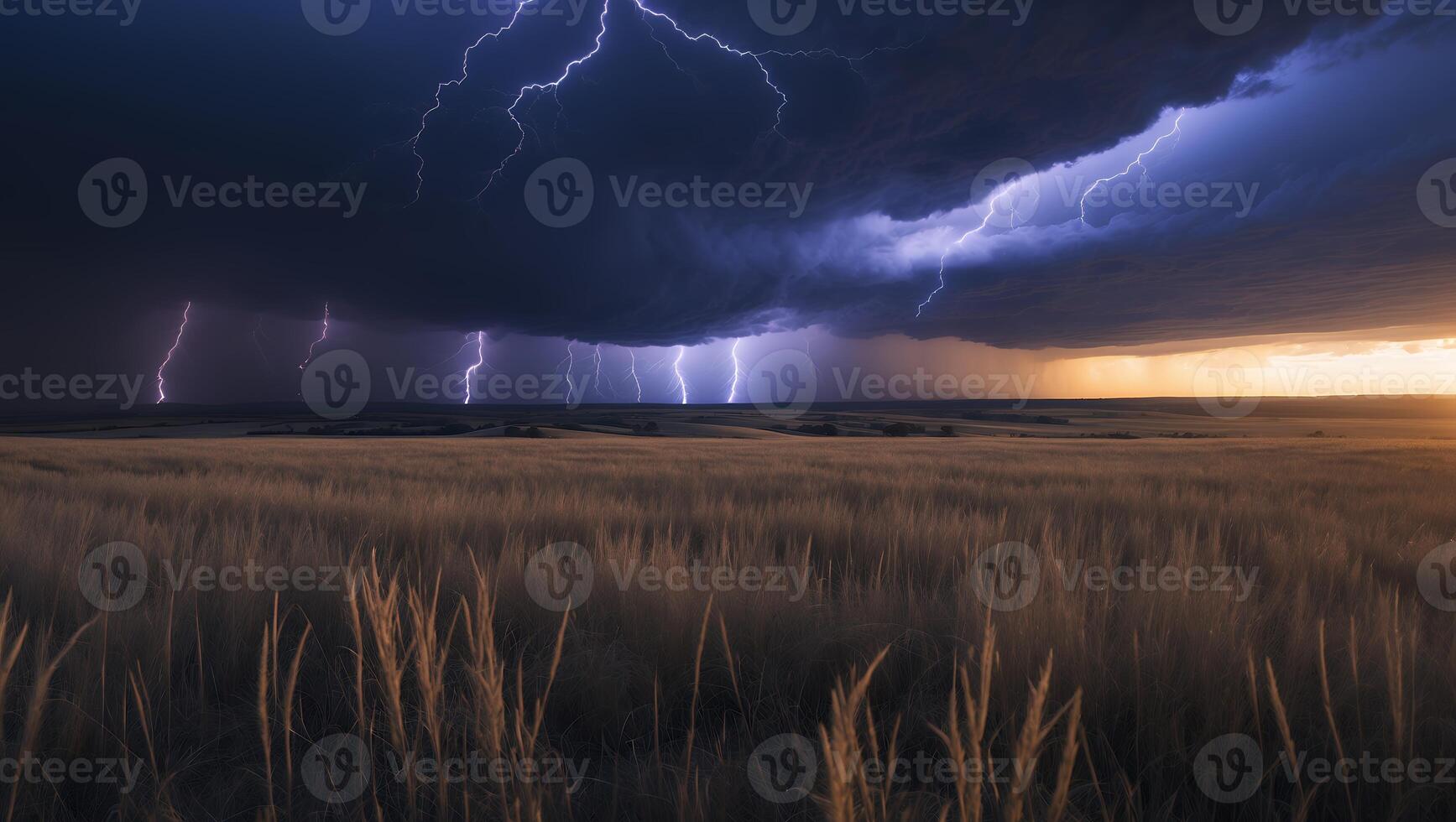 Striking Lightning Storm Over Field at Sunset Creating Dramatic Sky photo