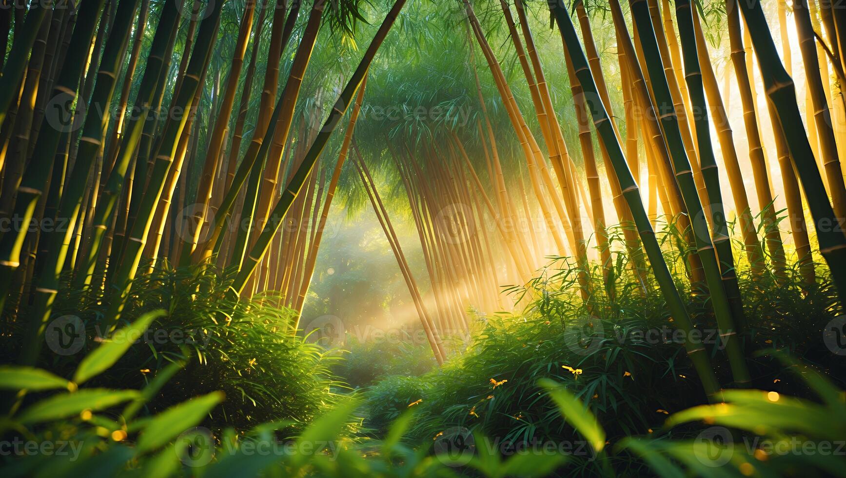 Sunlight Streaming Through a Bamboo Forest with Green Plants photo