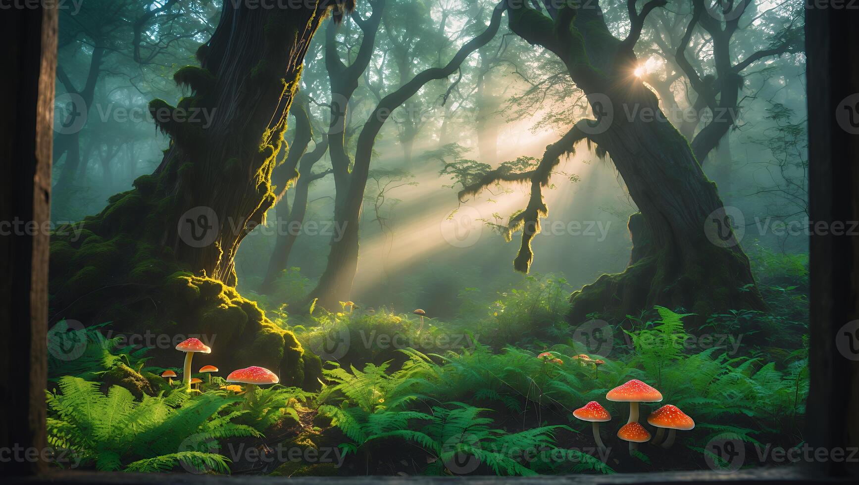Sunlight Shining Through Forest Trees with Ferns and Toadstools photo