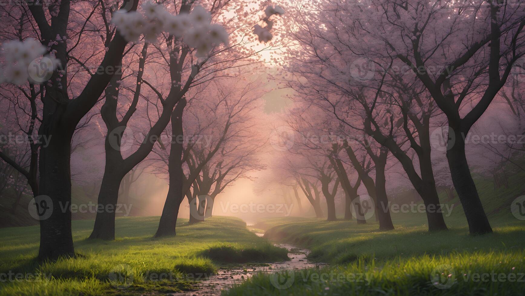 Walking Path Through Trees with Pink Blooms and Morning Light photo