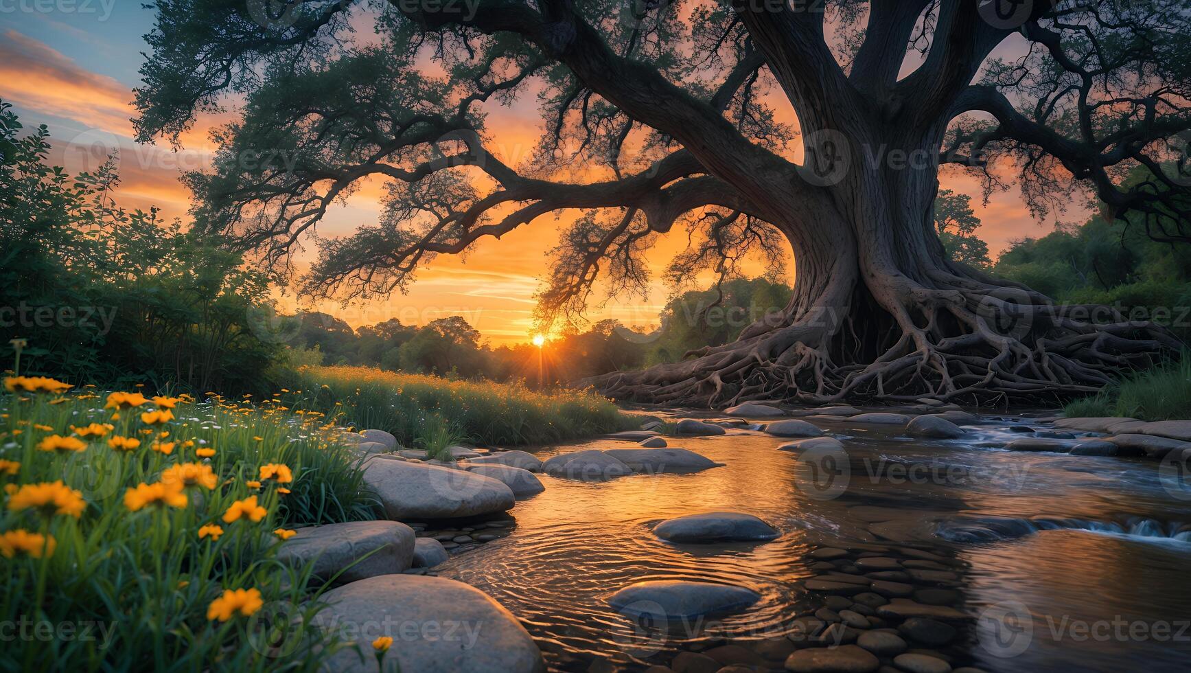 Majestic Tree Over River at Sunset with Flower Meadow Landscape photo