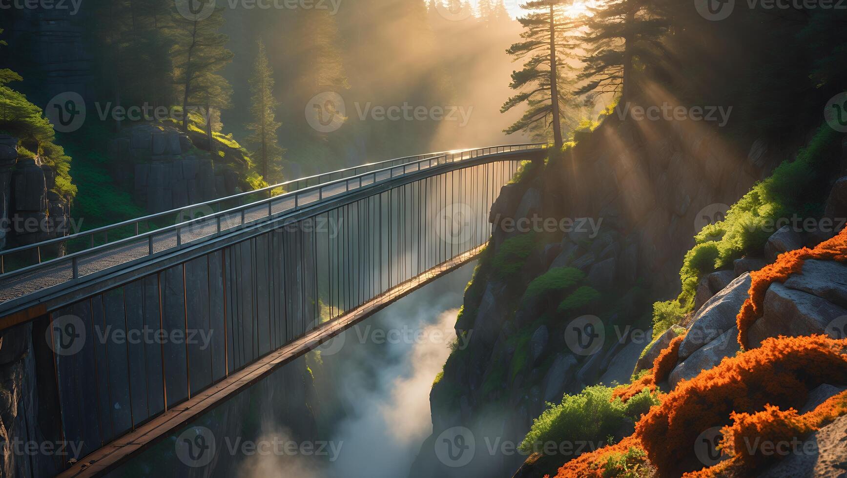 Walking Bridge Over Misty Canyon with Sun Rays Filtering Through Forest photo