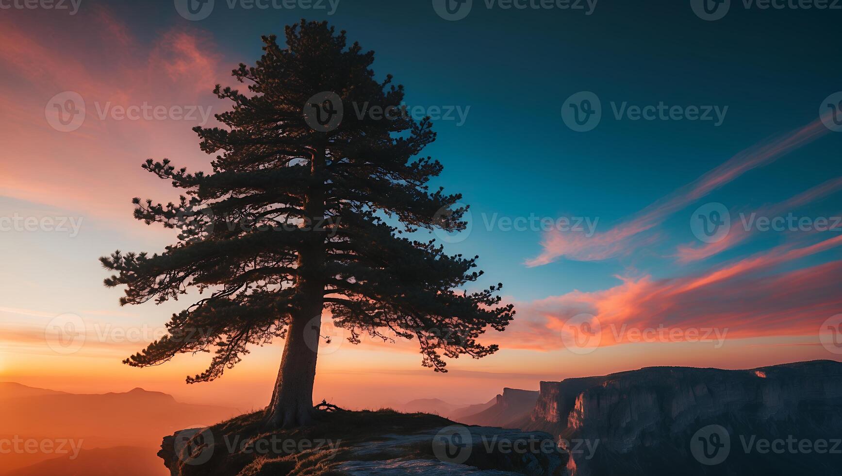Standing Tree at Cliff Edge During Sunset with Colorful Sky photo