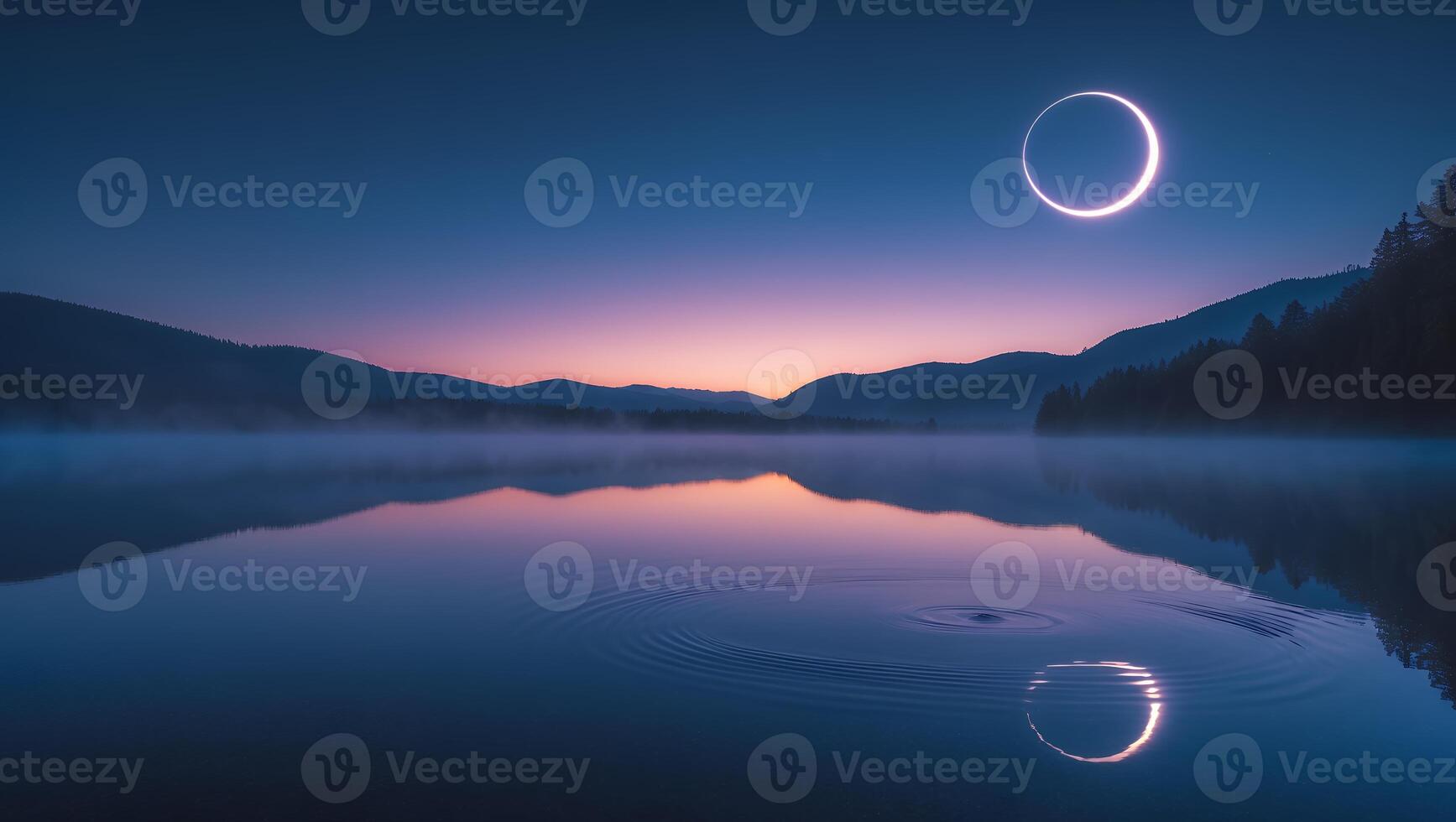 Lake at Night with Mist, Crescent Shape and Mountain Backdrop photo