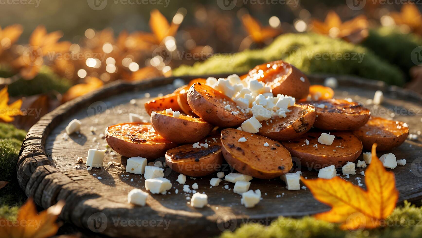 Roasted Sweet Potato Slices with Feta Crumbles on Wooden Plate photo