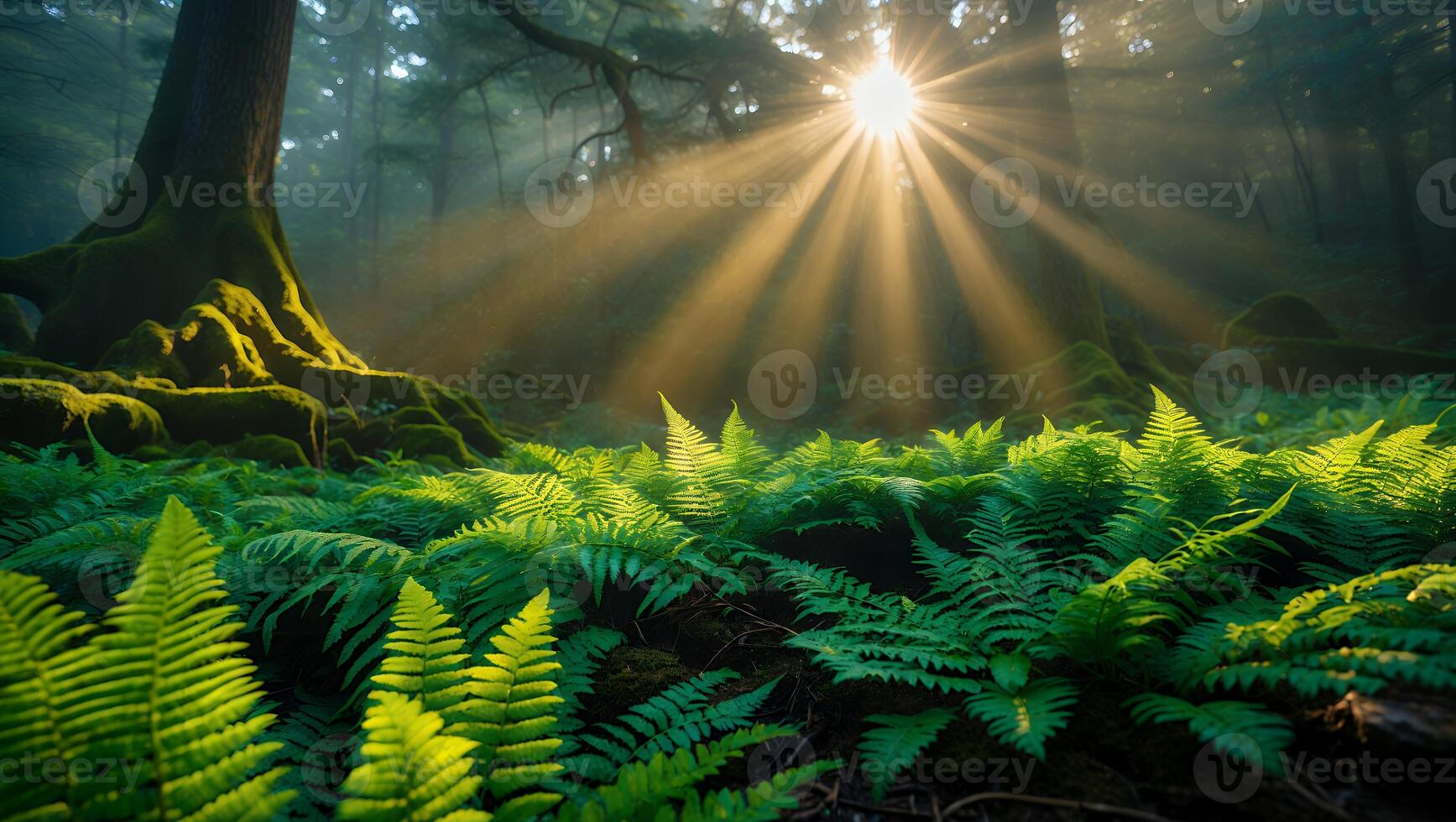 Sunlight Shining Through Forest Canopy Illuminating Lush Green Ferns photo