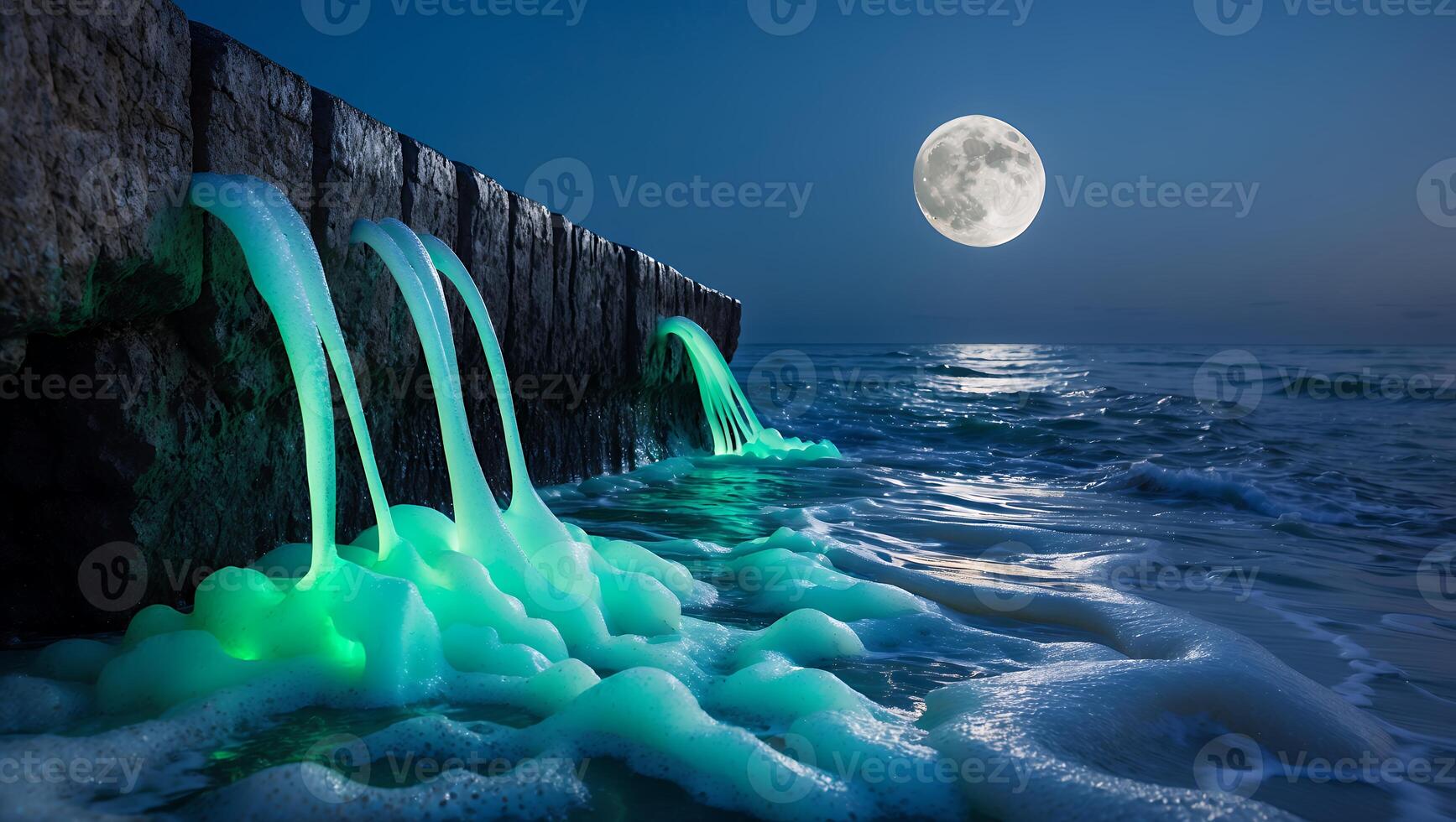 Water Flowing Into Ocean Under Moonlight with Colorful Reflections photo