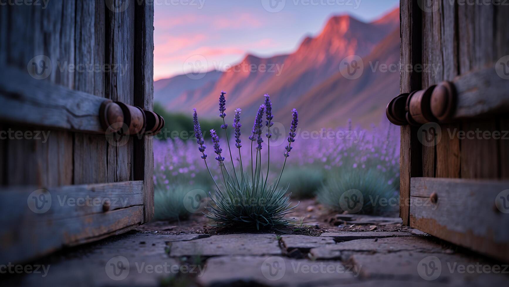 Lavender Field Seen Through Open Wooden Doorway with Mountain Backdrop photo