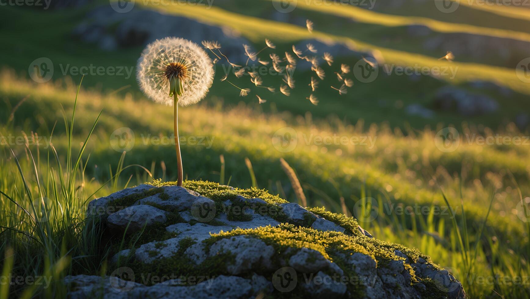 Dandelion Seeds Blowing in the Wind on a Mossy Rock in Field photo