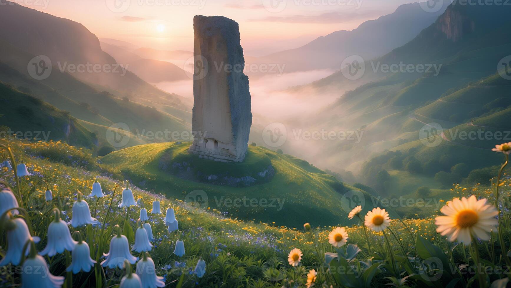 Majestic Stone Tower Overlooks Blooming Meadow in Misty Mountain Landscape photo