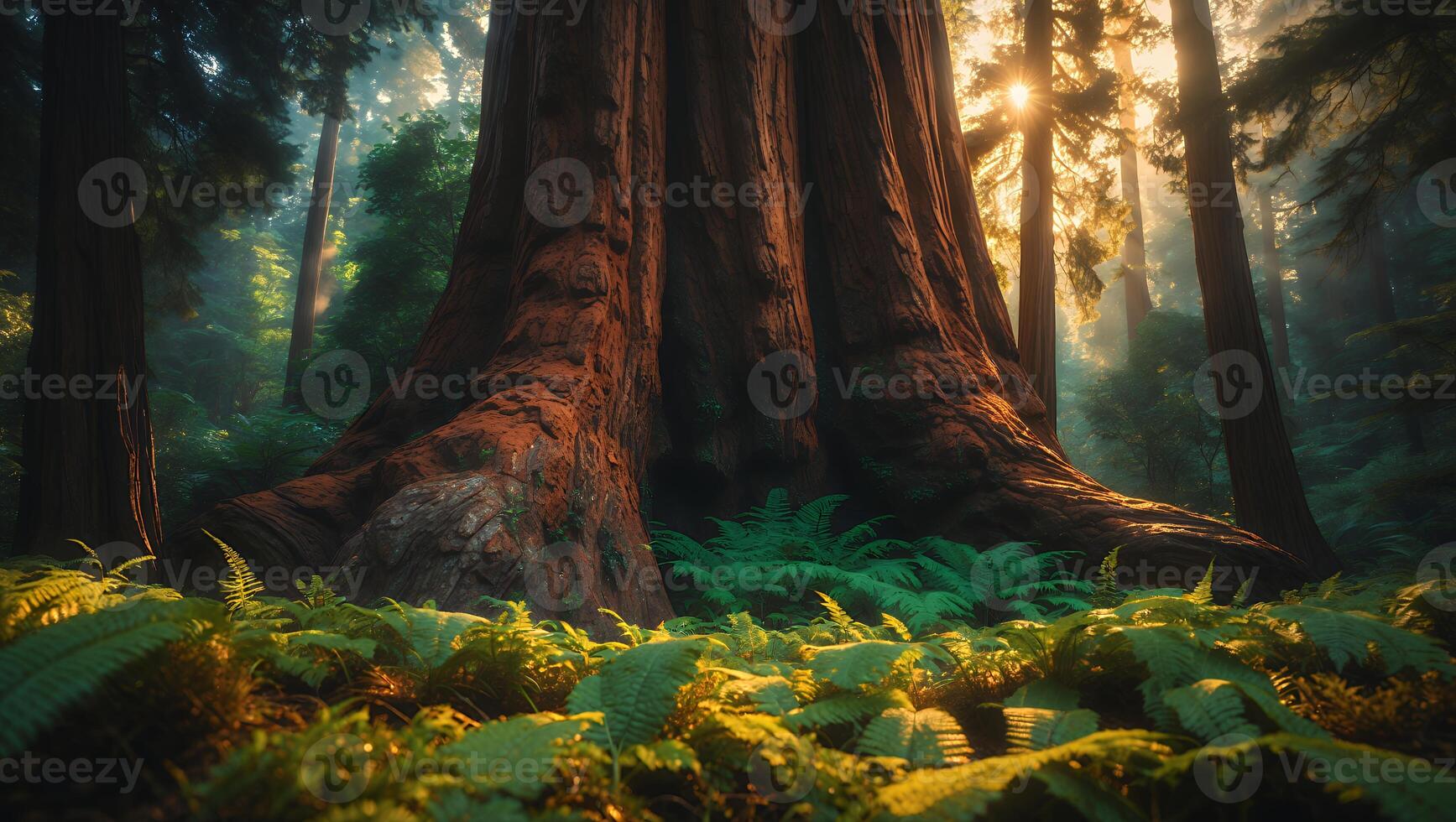 Giant Tree Trunk in Forest with Ferns and Sunlit Haze photo
