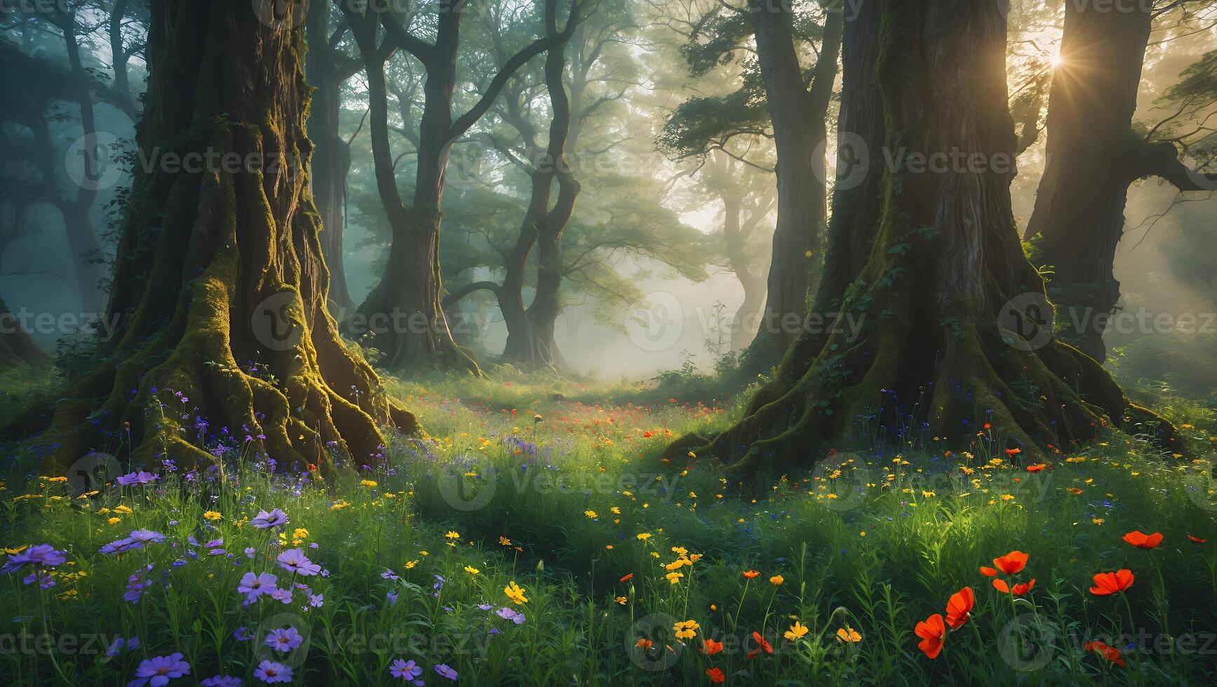Walking Through a Dreamy Forest Glade with Wildflowers and Morning Light photo