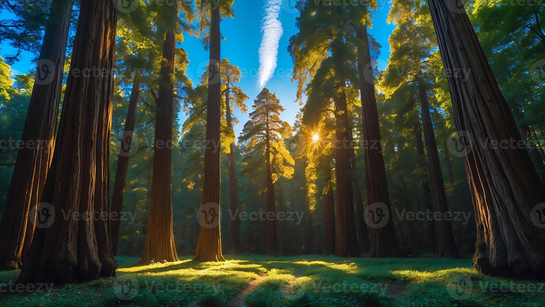 Walking Through Giant Forest Trees with Sun Shining Through Canopy photo
