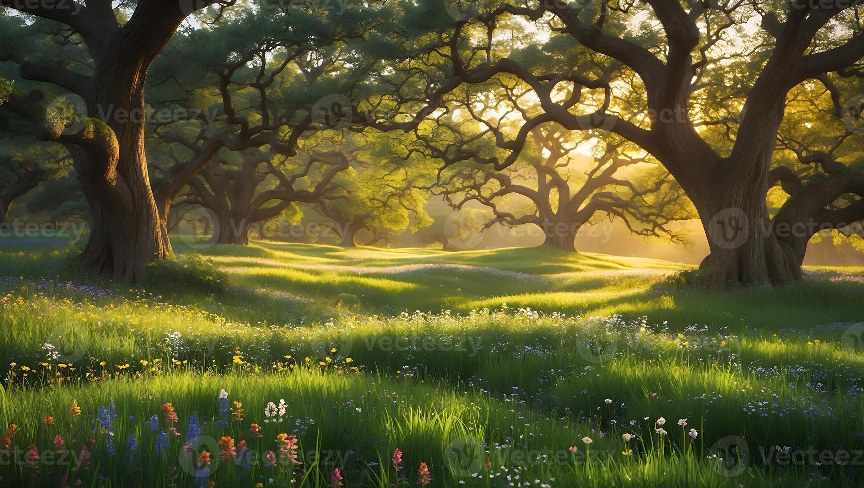 Sunlit Meadow with Ancient Trees and Wildflowers in a Serene Setting photo