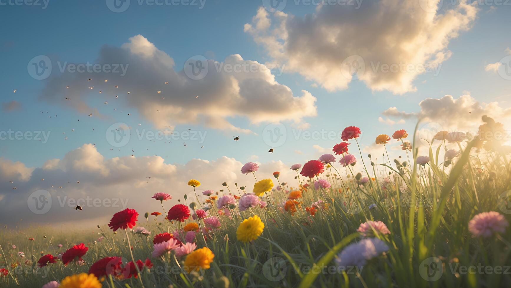 Colorful Flowers Blooming in Meadow Under Cloudy Blue Sky at Sunset photo