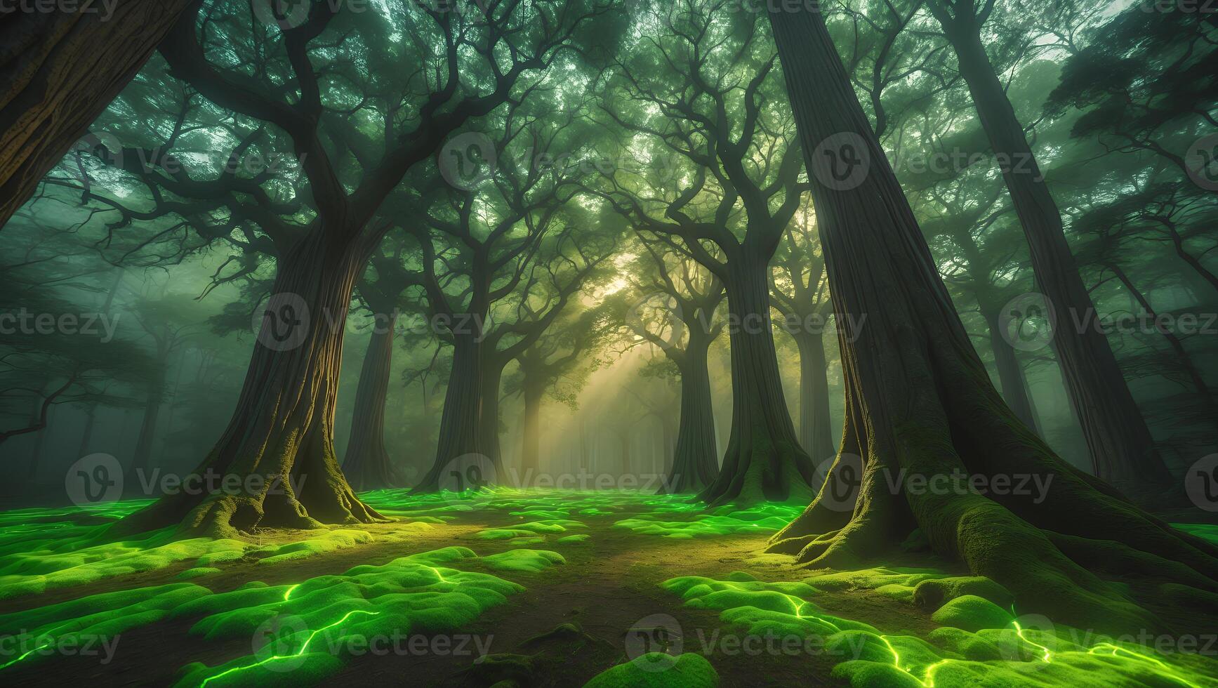 Enchanted Forest Scene with Mossy Ground and Light Streaming Through Trees photo