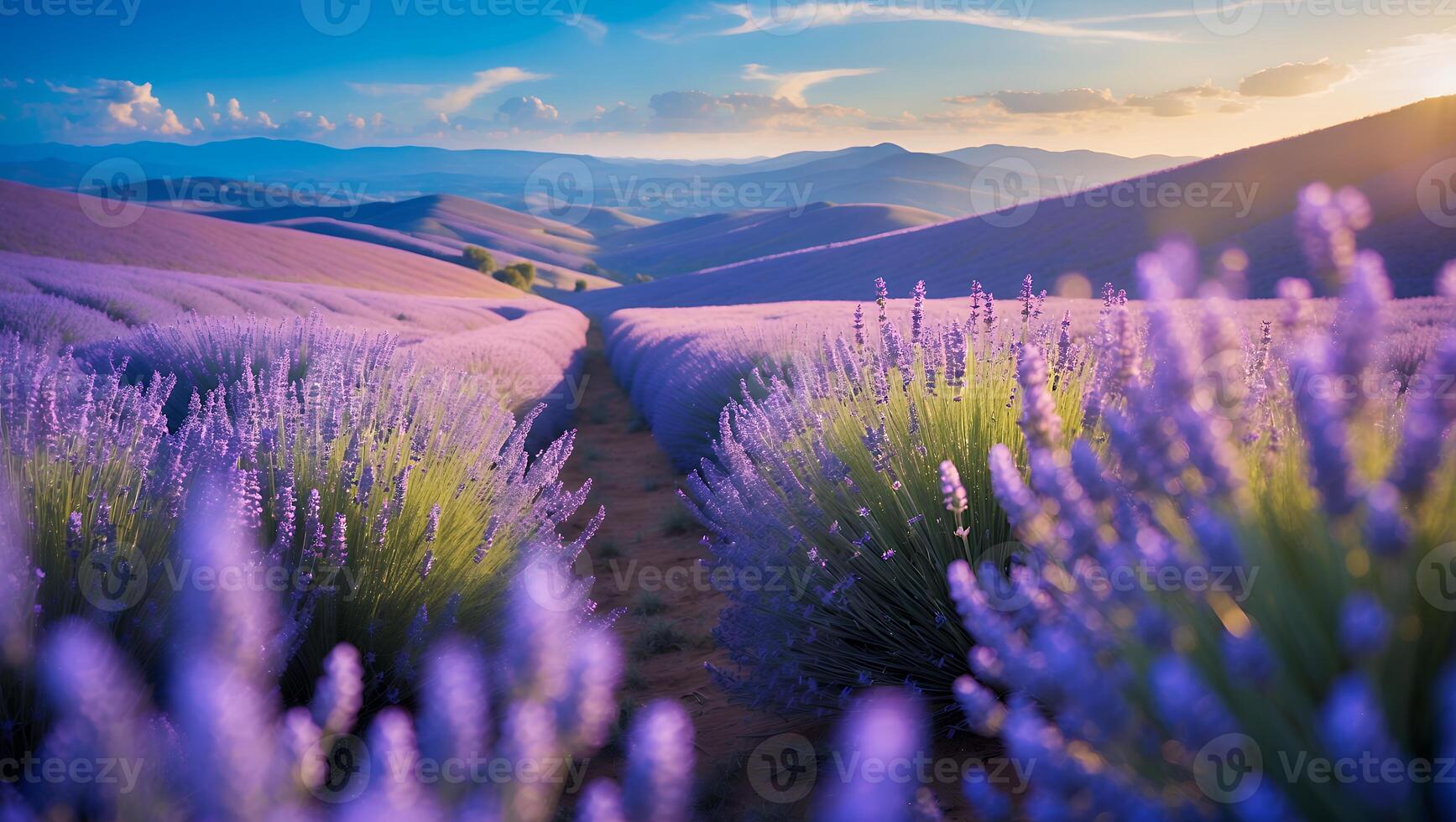 Lavender Field in Bloom with Rolling Hills at Sunset Scenery photo