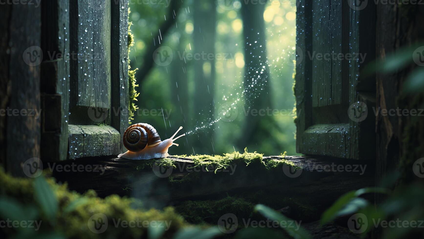 Snail Crawling on Mossy Wood with Rain in Forest Scene photo
