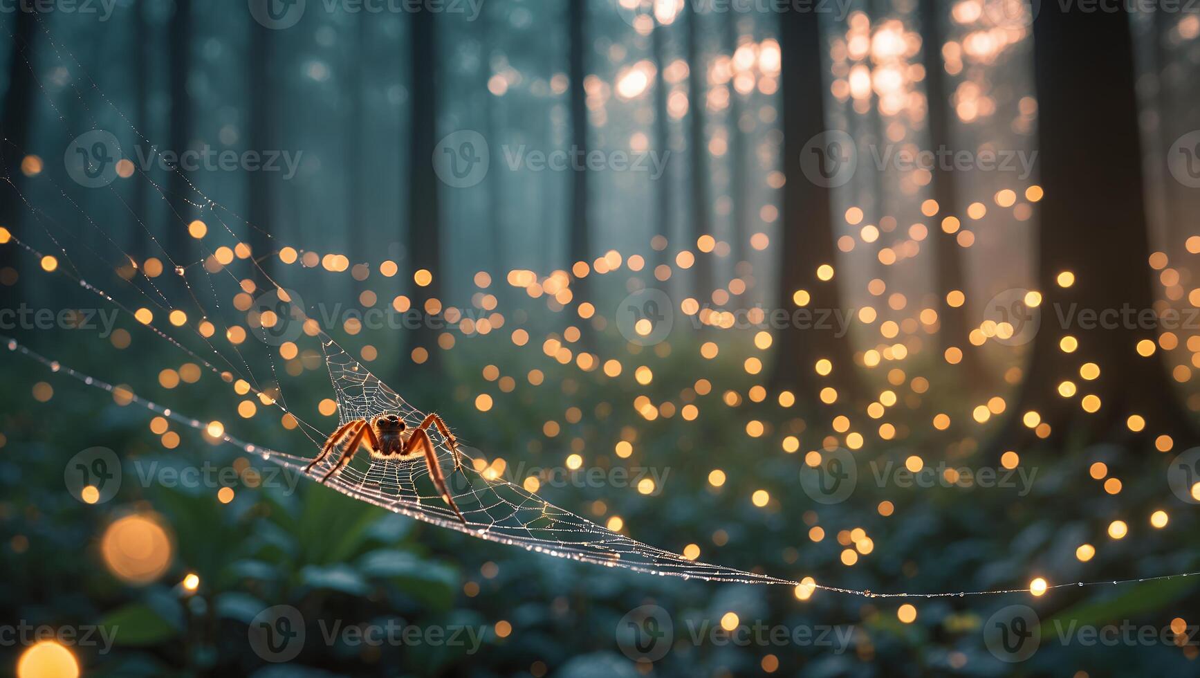 Spider Weaving Web in Forest with Bokeh Lights at Dusk photo