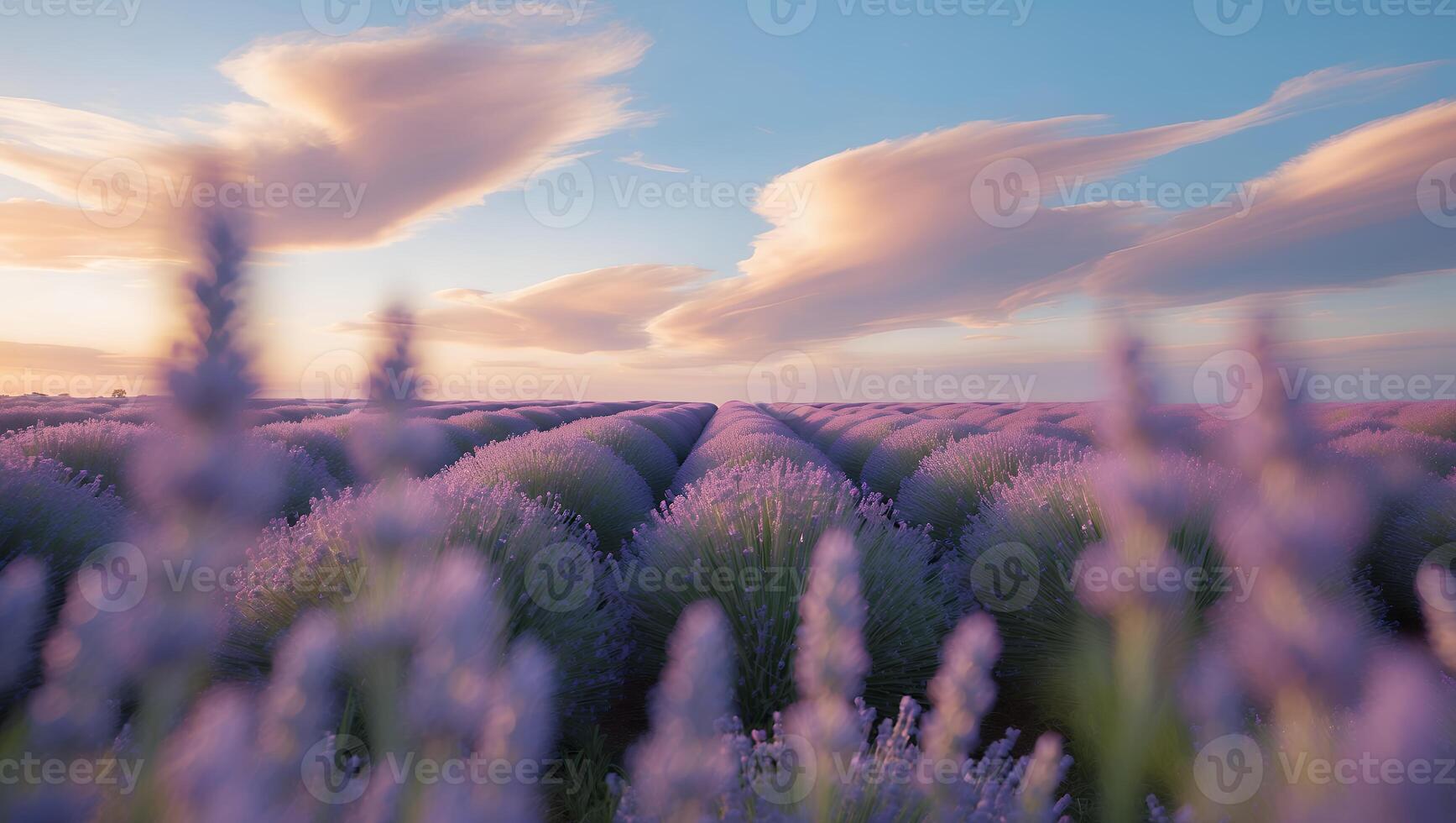 Lavender Field Blooming at Sunset with Soft Clouds and Hazy Horizon photo