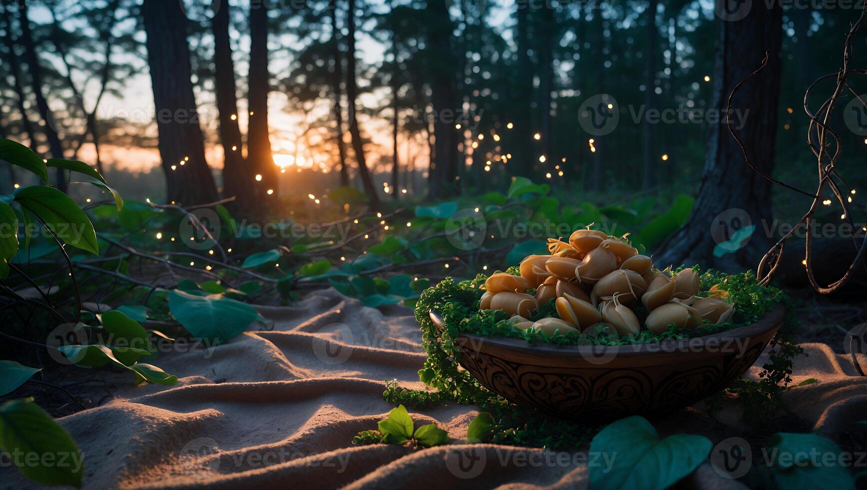 Bowl of Seeds on Blanket in Forest with Sunlight Shining Through photo