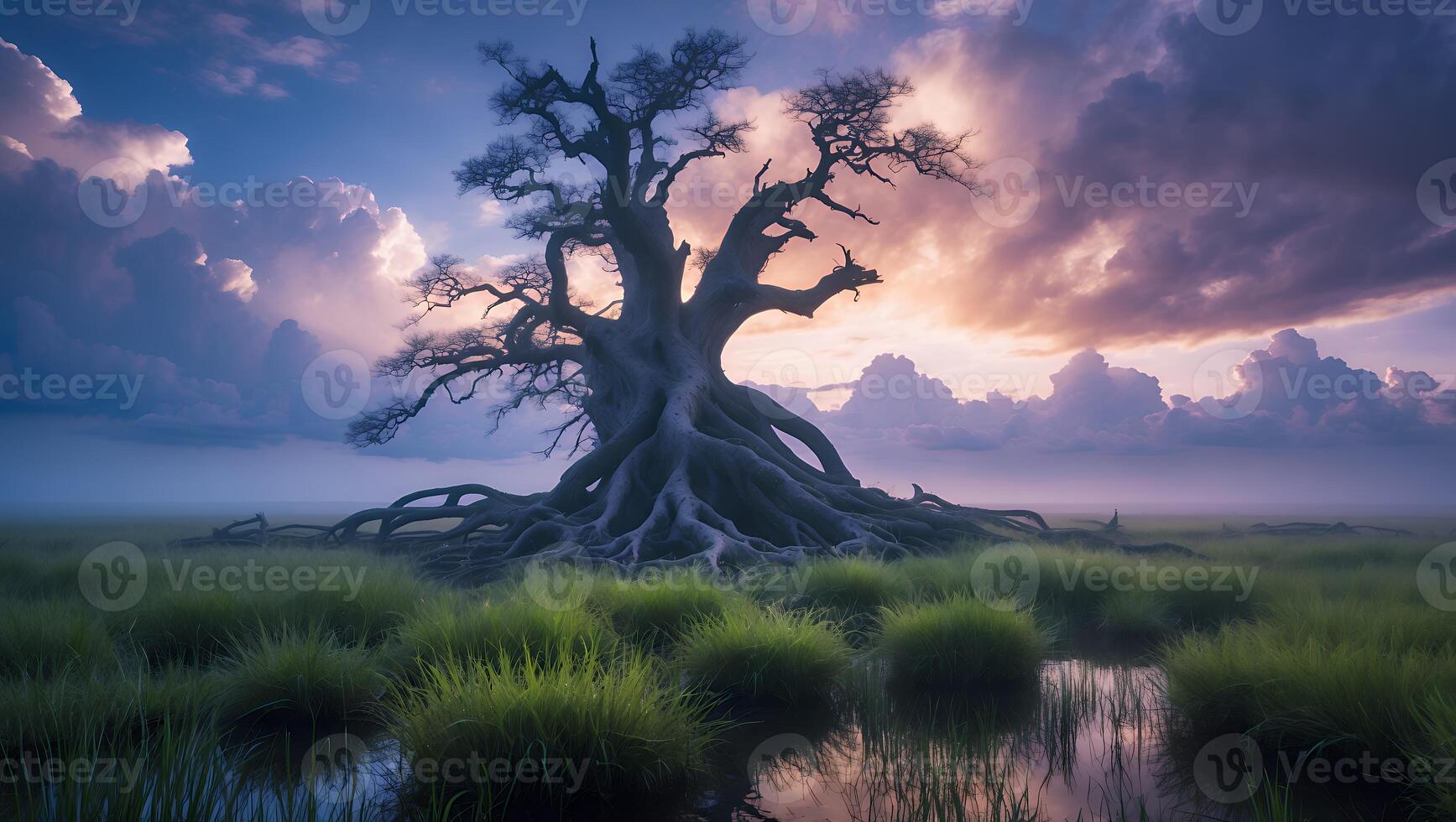 Majestic Old Tree Landscape with Dramatic Sky and Wetland Meadow photo