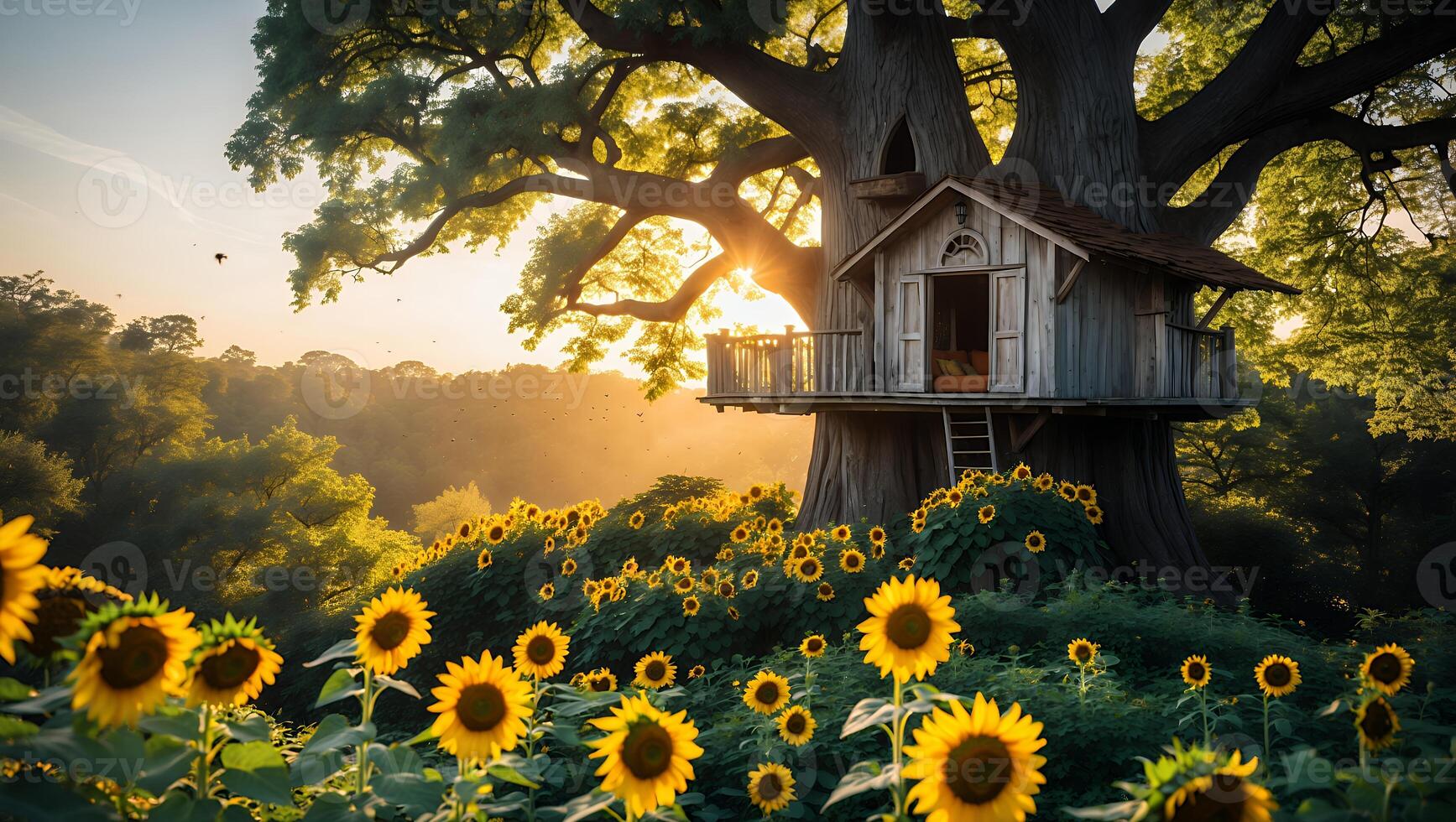 Treehouse with Sunflower Field at Sunset in a Peaceful Landscape photo