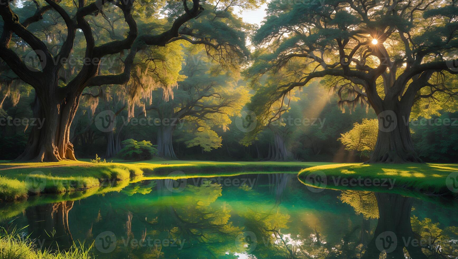 Reflections on Pond with Trees and Sunbeams in Forest Setting photo