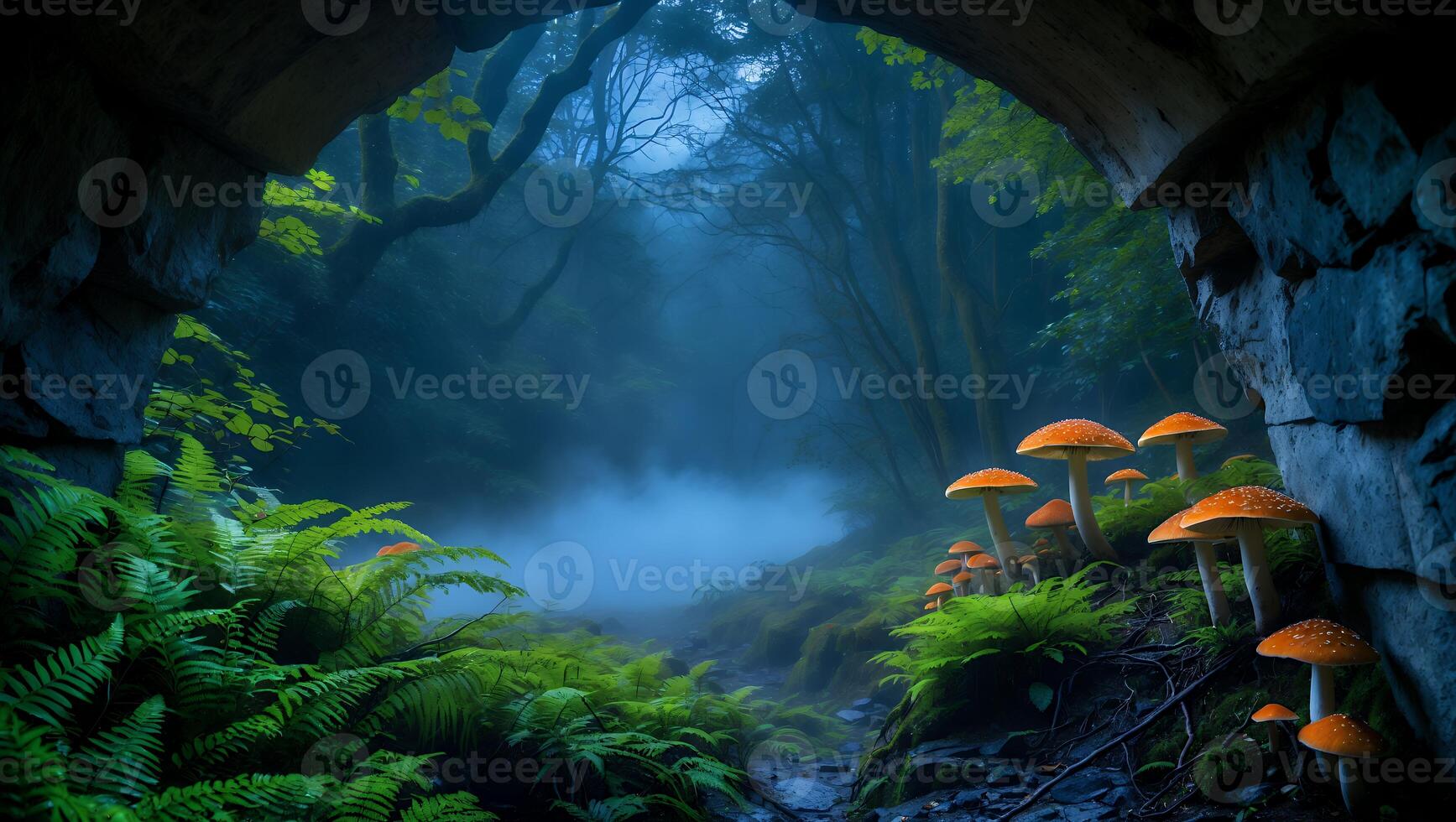 Exploring Enchanted Forest Path with Fog, Mushrooms, and Stone Archway photo
