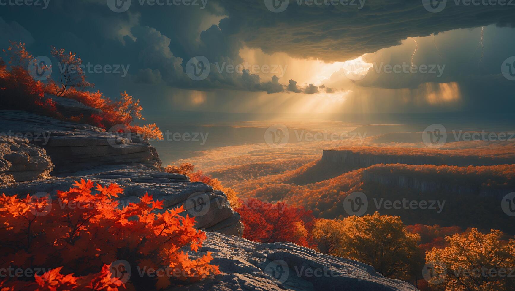 Autumn Landscape From Cliffside Overlooking Forest with Dramatic Stormy Sky photo