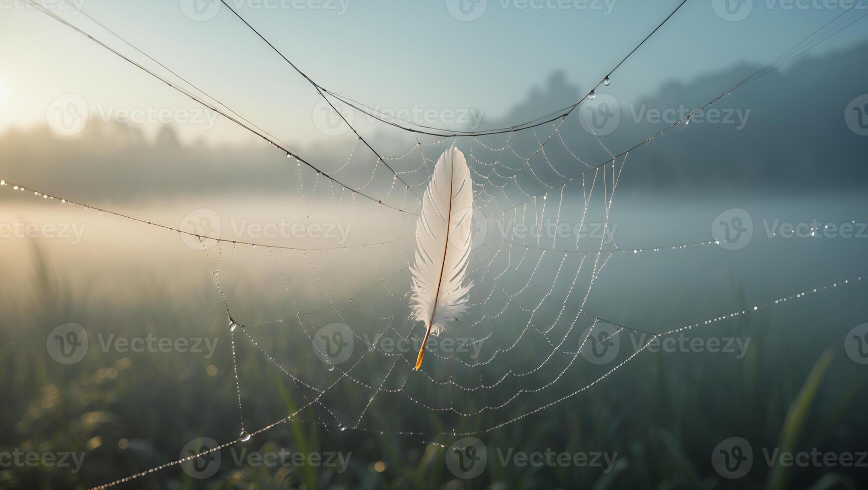 Feather Caught in Dew-covered Spider Web at Foggy Sunrise photo