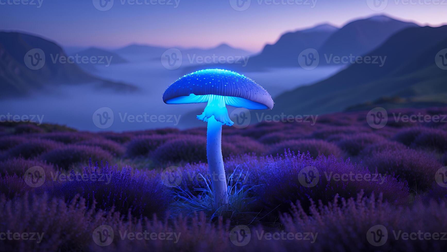 Glowing Mushroom in Lavender Field with Misty Mountain Backdrop at Twilight photo
