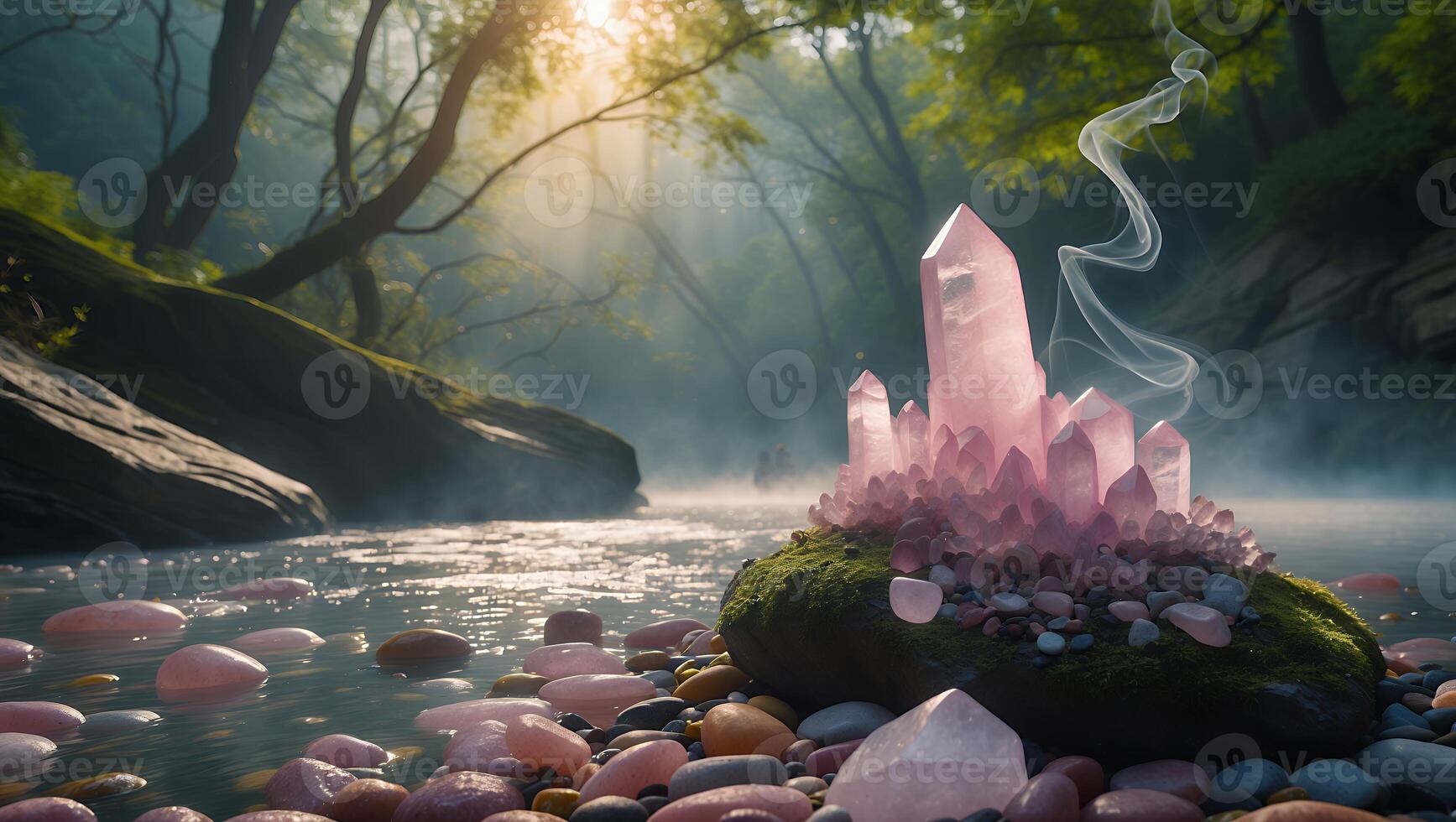 Pink Crystals Growing on River Rock in Misty Forest Landscape photo
