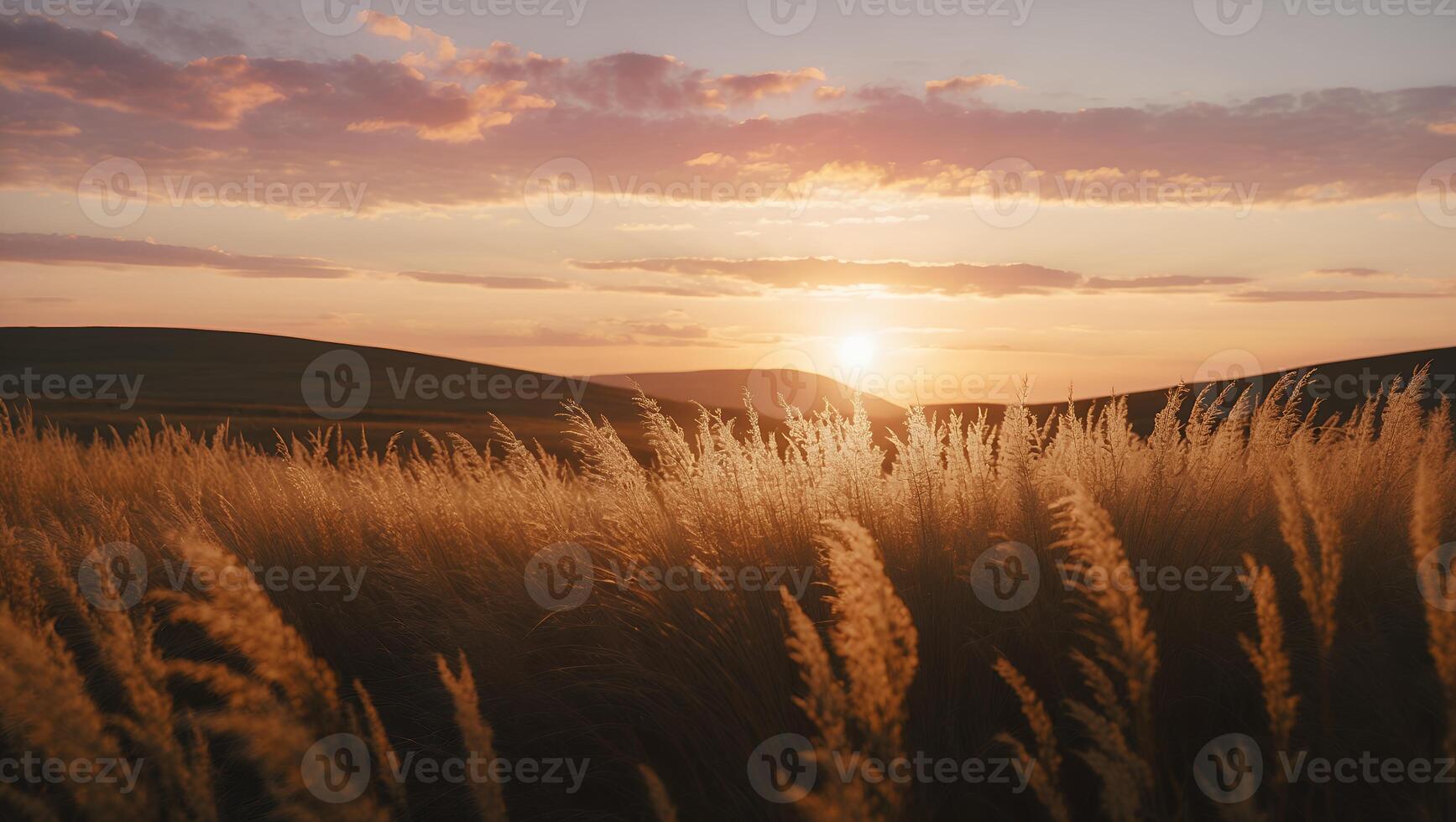 Golden Grass Field at Sunset with Rolling Hills and Warm Light photo