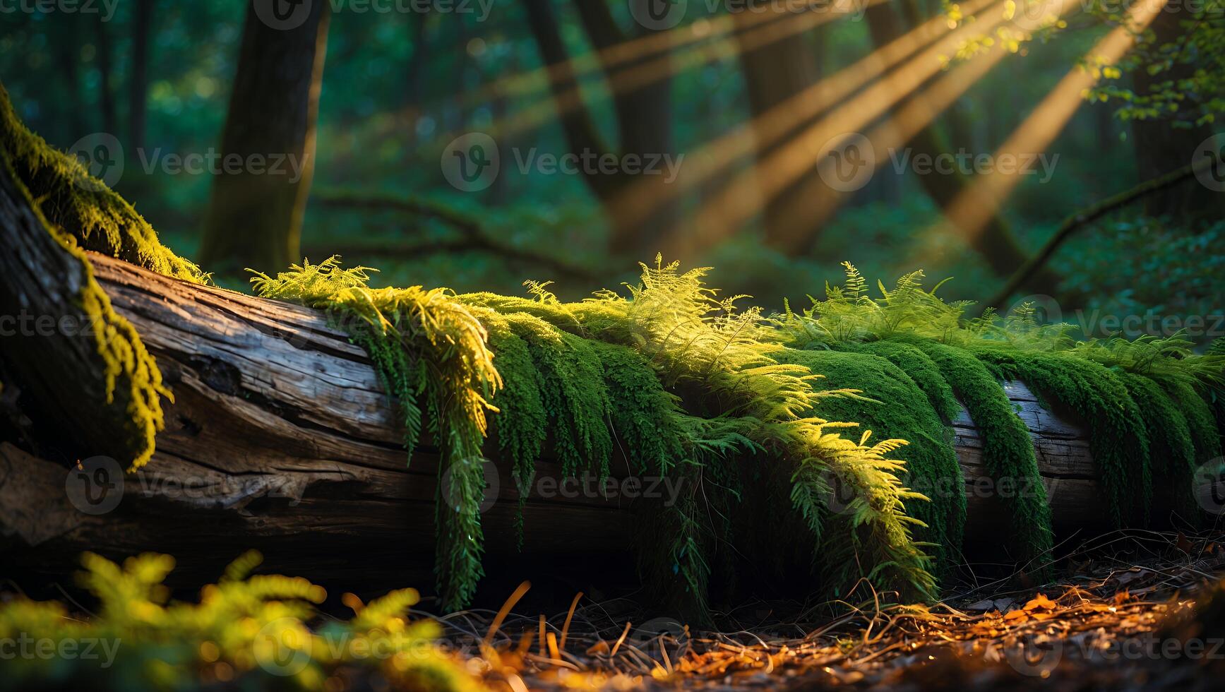 Fallen Tree Trunk Covered in Moss with Sun Rays in Forest photo