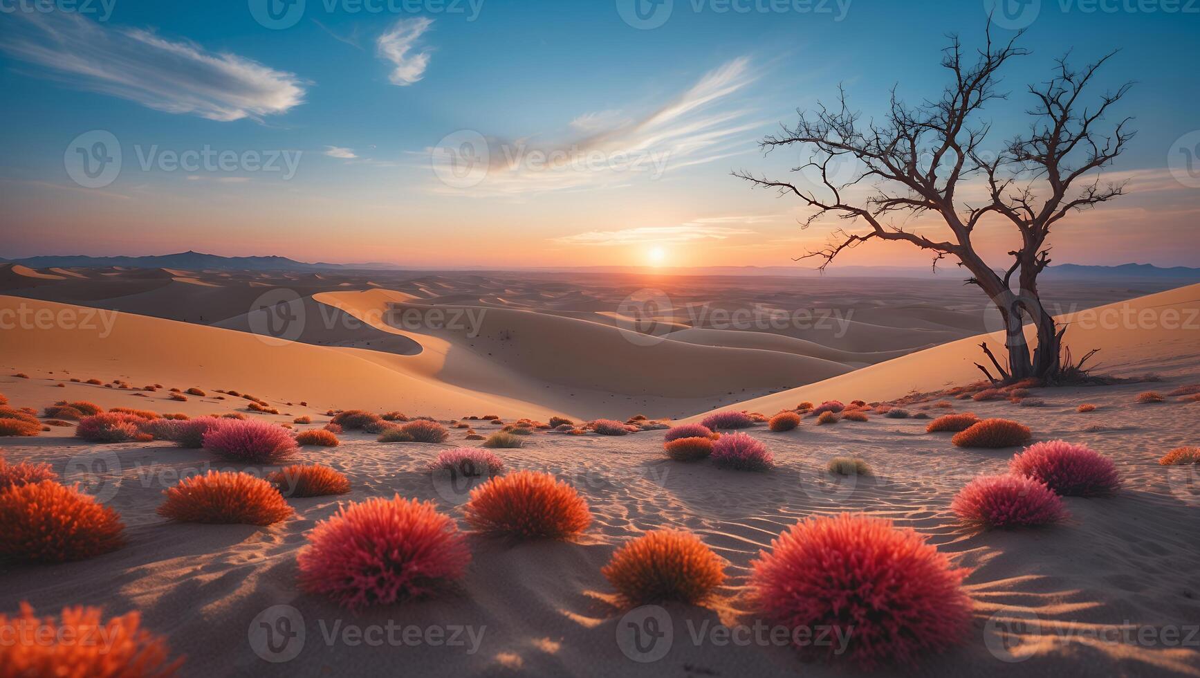 Desert Landscape at Sunset with Tree Silhouette and Colorful Shrubs photo
