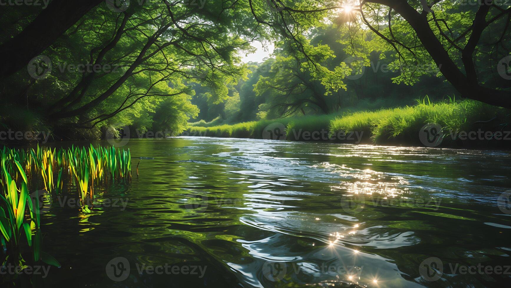 Calm River Flowing Through Lush Green Forest with Sunlight photo