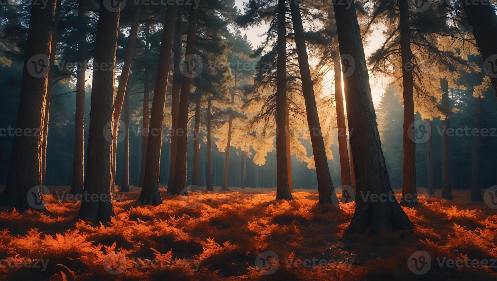 Tall Trees in Forest with Ground Ferns and Warm Sunlight photo